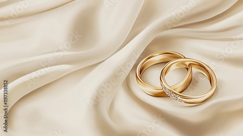 Two elegant gold wedding rings with a diamond band resting on soft cream satin fabric. photo