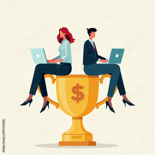 A businessman and a businesswoman sitting on trophies, each holding a laptop, showing analysis and evaluation of business performance to become the best in their respective fields. Vector illustration