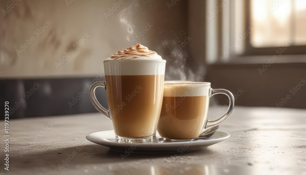 A steaming cup of latte with condensation on the side, table, beverage, warm A steaming cup of latte with condensation on the side, table, beverage, warm