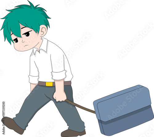 Cartoon Depressed Young Man Dragging Suitcase After Losing Job