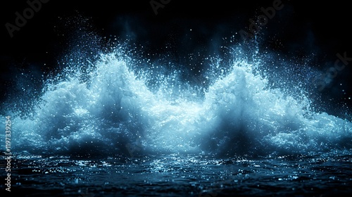 Fototapeta Naklejka Na Ścianę i Meble -  Dramatic ocean waves crashing at night, glowing blue water splash.