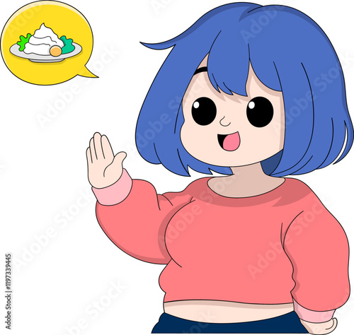 Cartoon Overweight Girl Gesturing to Refuse Food Representing Intermittent Fasting Diet