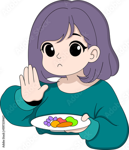 Cartoon Woman Refusing Food Symbolizing Intermittent Fasting Concept