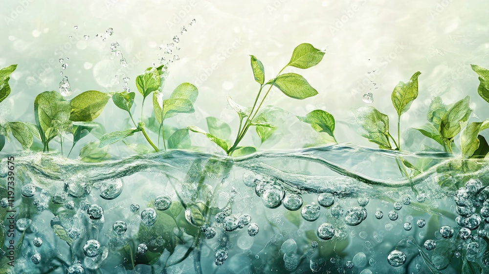 Green Plants Emerging From Water Bubbles Surround Green Plants Emerging From Water Bubbles Surround