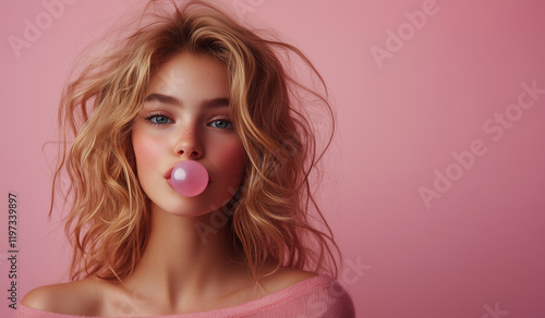 girl blows bubble gum photo