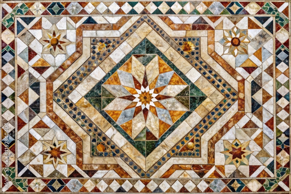 A stunning marble mosaic artwork depicting various geometric patterns and colors on a neutral-colored marble background, artwork, decorative A stunning marble mosaic artwork depicting various geometric patterns and colors on a neutral-colored marble background, artwork, decorative
