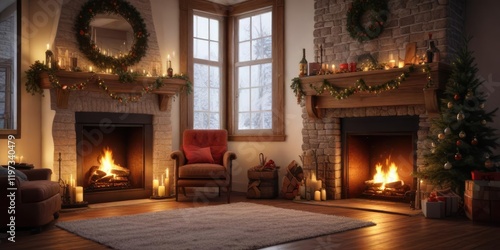 A festive holiday scene by a roaring fireplace, greenery, festive scene, seasonal spirit photo