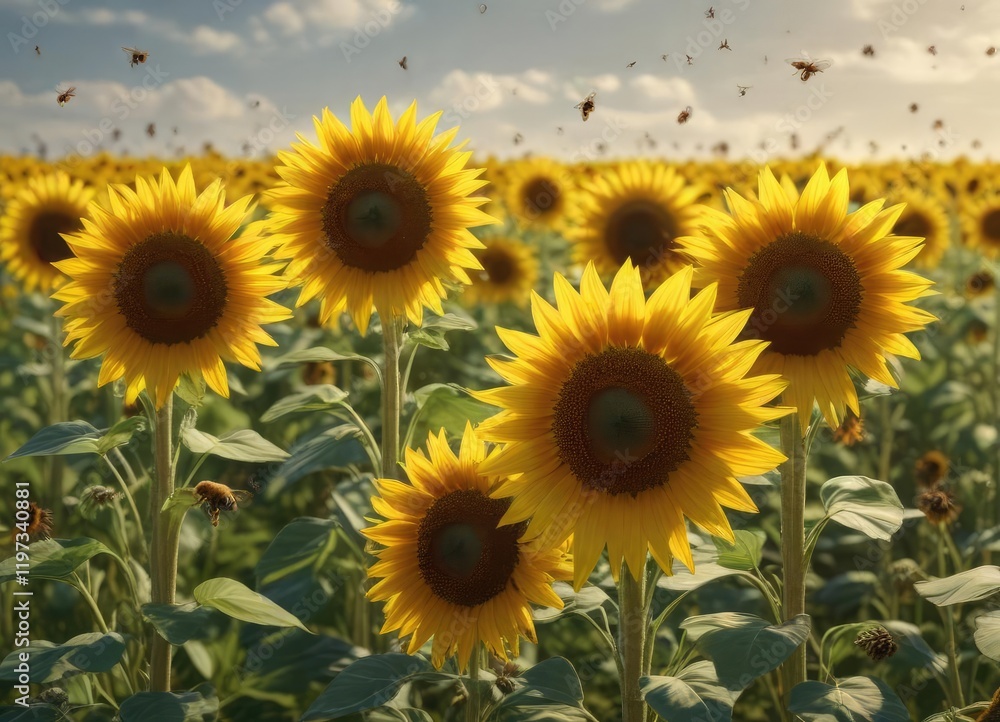 Fototapeta premium A field of tall sunflowers swaying gently in the breeze with a swarm of bees flying around them, bees, nature,