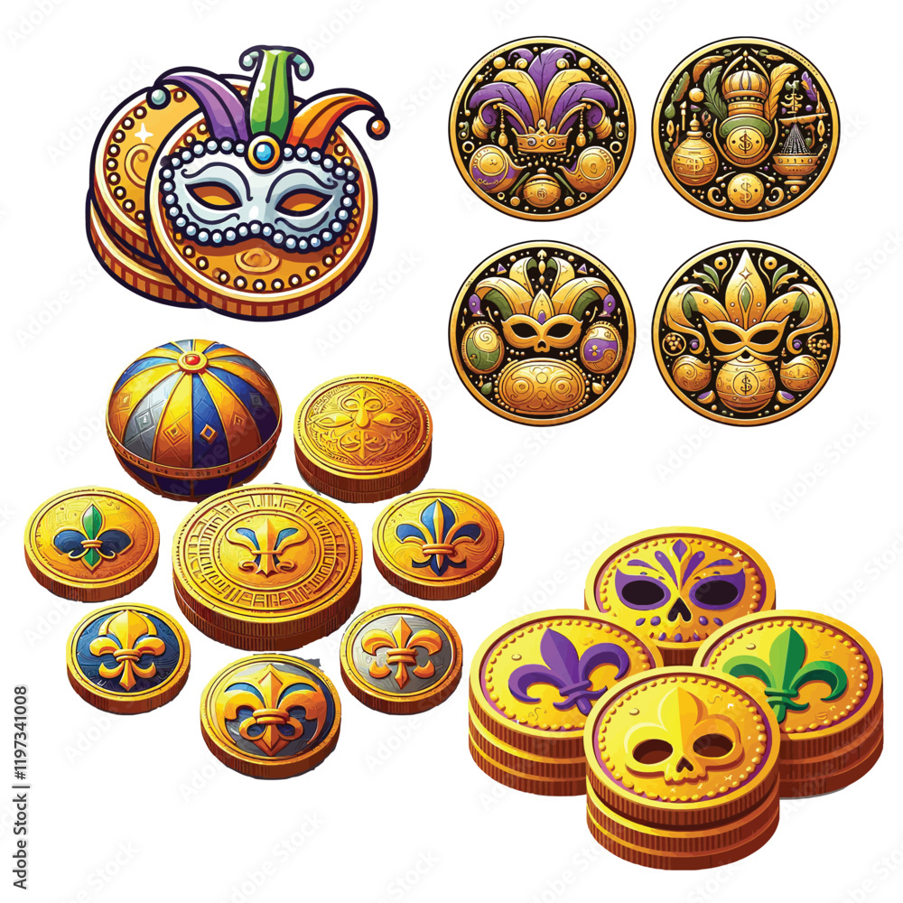 Mardi Gras carnival, Colorful doubloons crown, and masks, necklaces decorated with lily flowers,