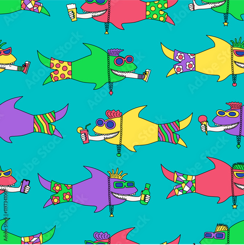 funny cartoon multi-colored sharks in Hawaiian shorts and sunglasses swallowed vacationers. Seamless pattern. Texture for fabric, wrapping, wallpaper. Decorative print.Vector illustration