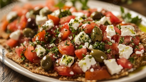 A delightful platter of Greek dakos salad, crispy barley rusks topped with chopped tomatoes, feta cheese photo