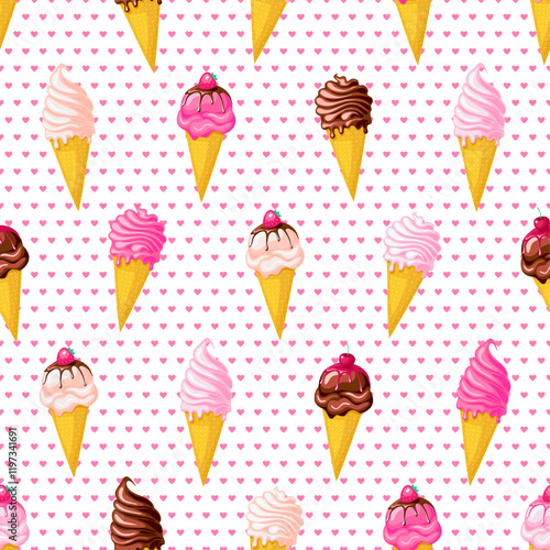 Pink strawberry and chocolate ice cream with cherry. Seamless pattern on white background with hearts. Texture for fabric, wrapping, wallpaper. Decorative print.