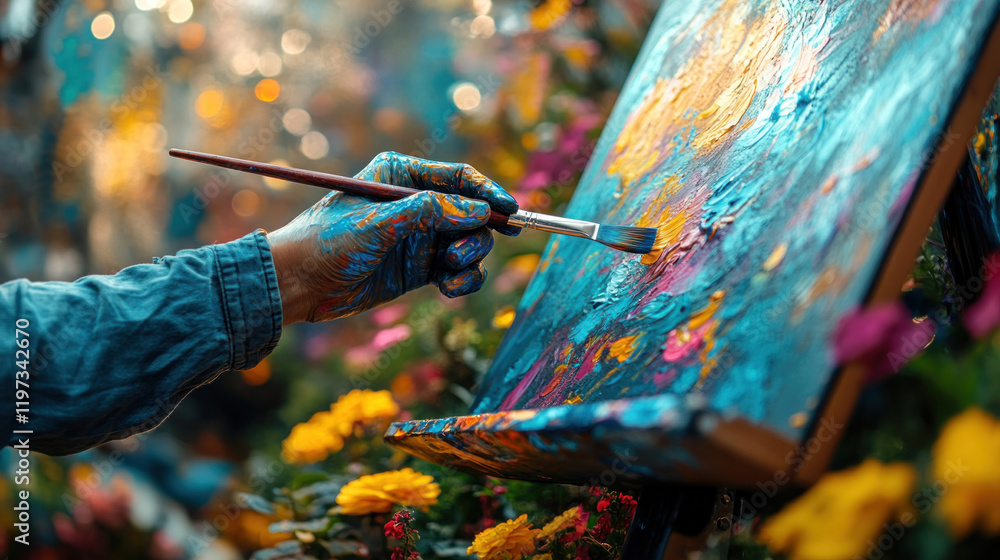 A person with a prosthetic hand painting a vibrant picture on an easel, showing skill and creativity A person with a prosthetic hand painting a vibrant picture on an easel, showing skill and creativity