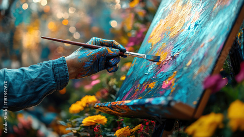 A person with a prosthetic hand painting a vibrant picture on an easel, showing skill and creativity photo