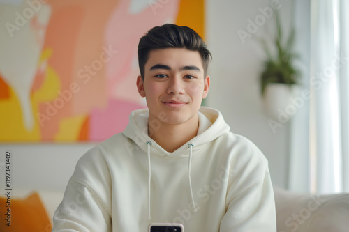 Young man sitting on sofa at home, showing custom phone case mockup while smiling and looking at camera photo