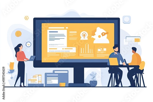 Team analyzing data on large monitor, brainstorming ideas, office background, project presentation