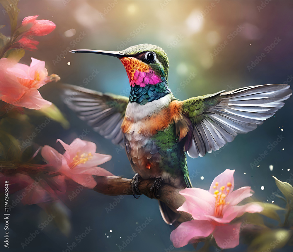 beautiful colorful hummingbird flying under pink flower. close up. Digital artwork. Ai generated
