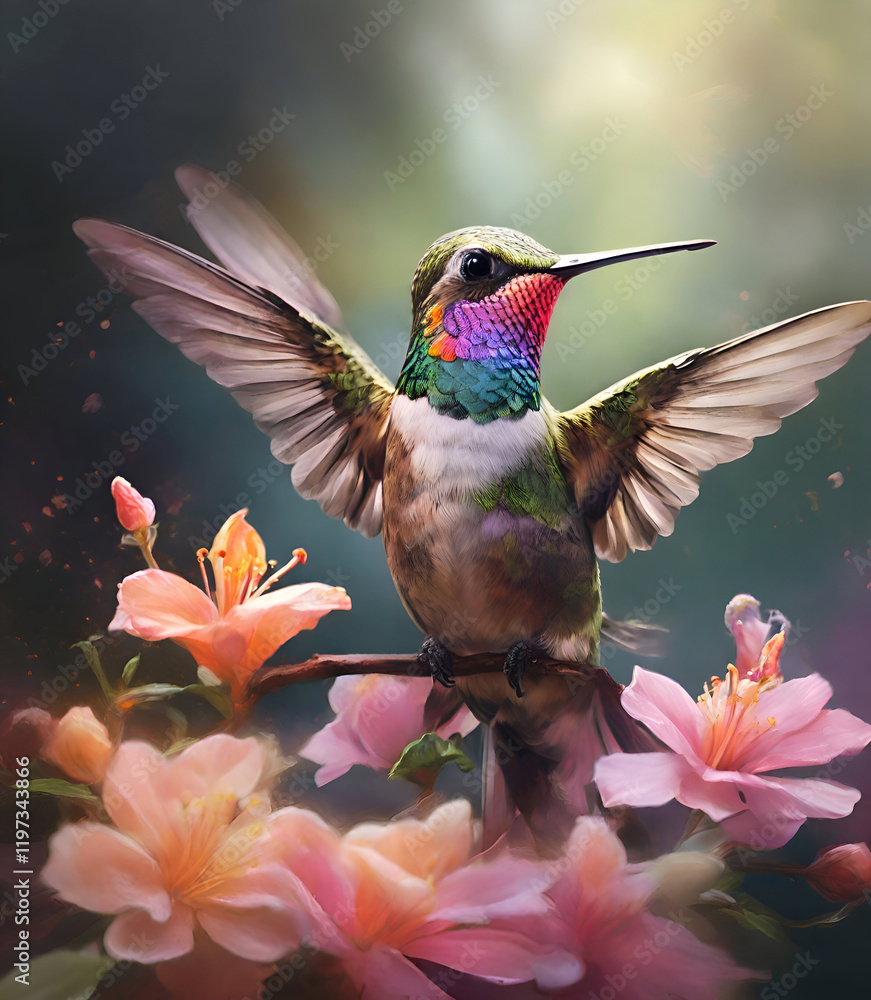 beautiful colorful hummingbird flying under pink flower. close up. Digital artwork. Ai generated