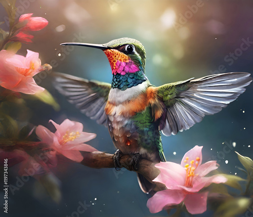 Obraz na płótnie beautiful colorful hummingbird flying under pink flower. close up. Digital artwork. Ai generated w salonie