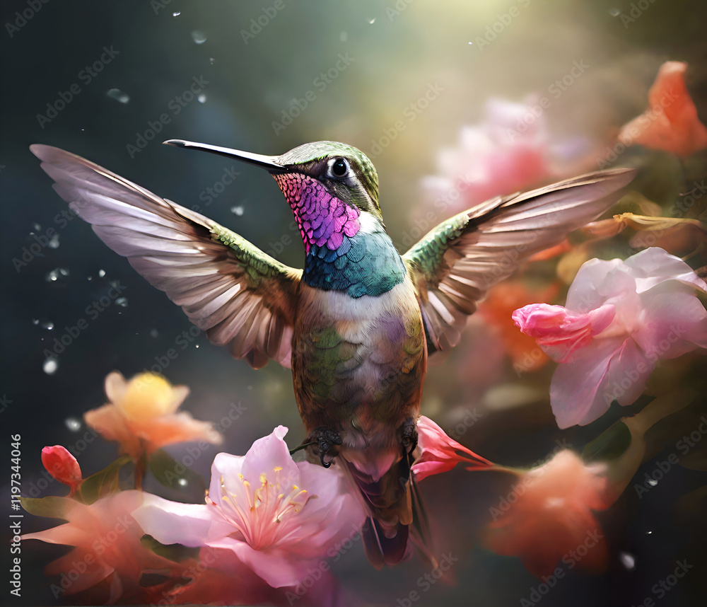 beautiful colorful hummingbird flying under pink flower. close up. Ai generated