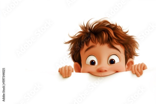 Cartoon illustration of a cheerful boy with brown hair peeking over a white surface with a playful expression photo