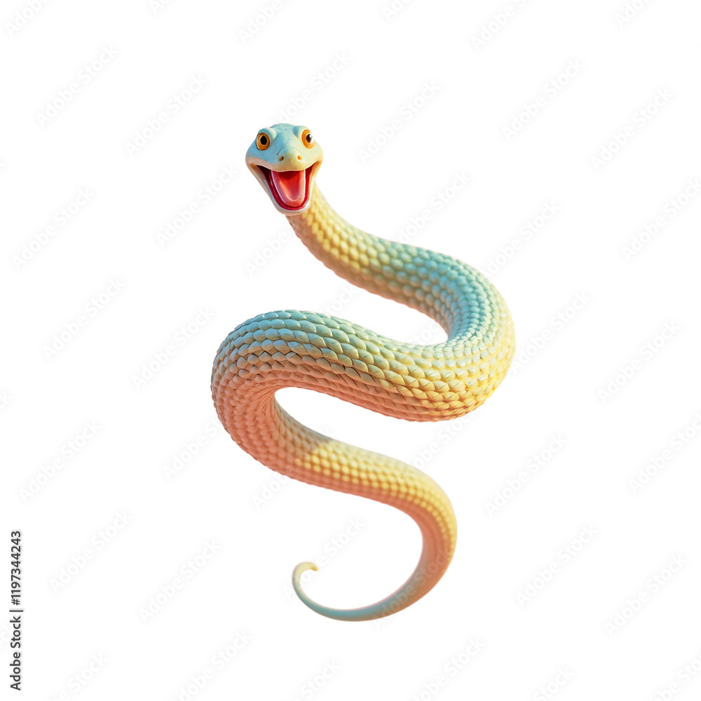 Fototapeta premium cheerful cartoon snake with pastel-colored scales in a playful pose against a soft pink background