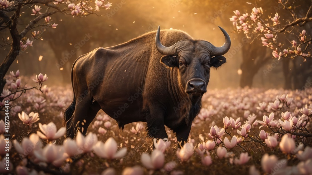 Fototapeta premium A majestic buffalo stands amidst blooming magnolia flowers in a serene landscape.