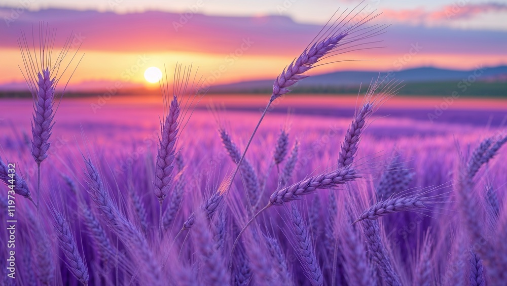 Softly Swaying Vibrant Lavender Wheat Field Under Clear Blue Sky During Golden Hour Sunset Lighting Softly Swaying Vibrant Lavender Wheat Field Under Clear Blue Sky During Golden Hour Sunset Lighting