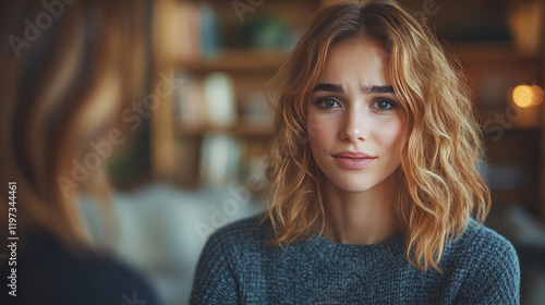 A worried person talking to a therapist in a cozy counseling office, with an empathetic conversation taking place photo