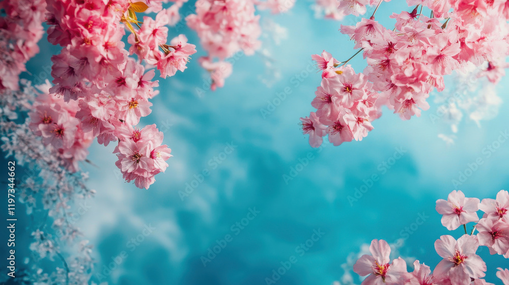 Beautiful pink cherry blossoms against serene blue background Beautiful pink cherry blossoms against serene blue background