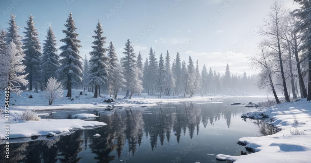 Obraz premium A winter wonderland scene with snow-covered trees and a frozen lake, serene, frosty