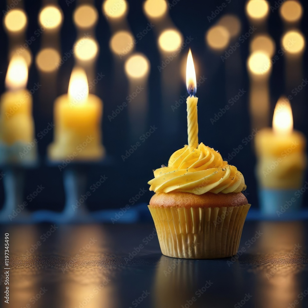 A yellow birthday cupcake with a lit candle on a dark blue background, with a blurred table in the foreground, artistic presentation, subtle texture A yellow birthday cupcake with a lit candle on a dark blue background, with a blurred table in the foreground, artistic presentation, subtle texture