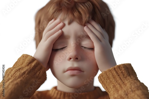 Tired child rubbing eyes sleepily, suffering from headache or insomnia, 3D on white background photo