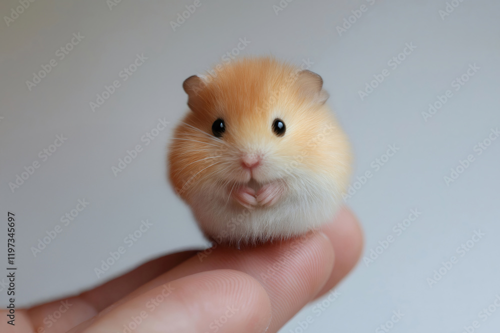 Small and cute hamster standing on a person's fingers, showcasing its tiny paws and fluffy fur Small and cute hamster standing on a person's fingers, showcasing its tiny paws and fluffy fur