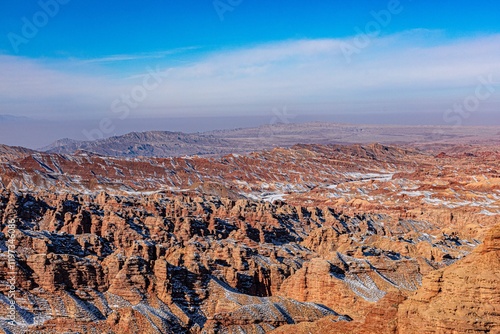 Breathtaking aerial view of Grand Canyon of Pingshan Lake in Zhangye Gansu Province after first snowfall photo