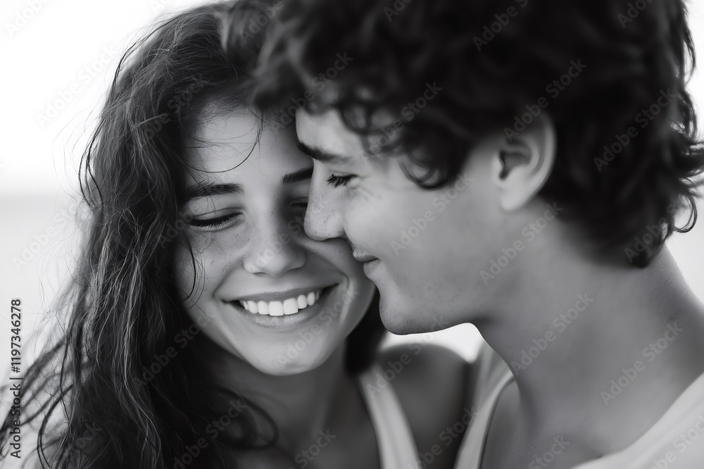 Romantic black and white portrait of a young couple embracing with tender smiles and closed eyes, isolated on a white background