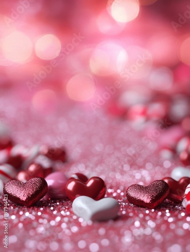 Valentine's Day background with small hearts, bokeh lights, and candy in the foreground, featuring a pink, red, and white color theme.