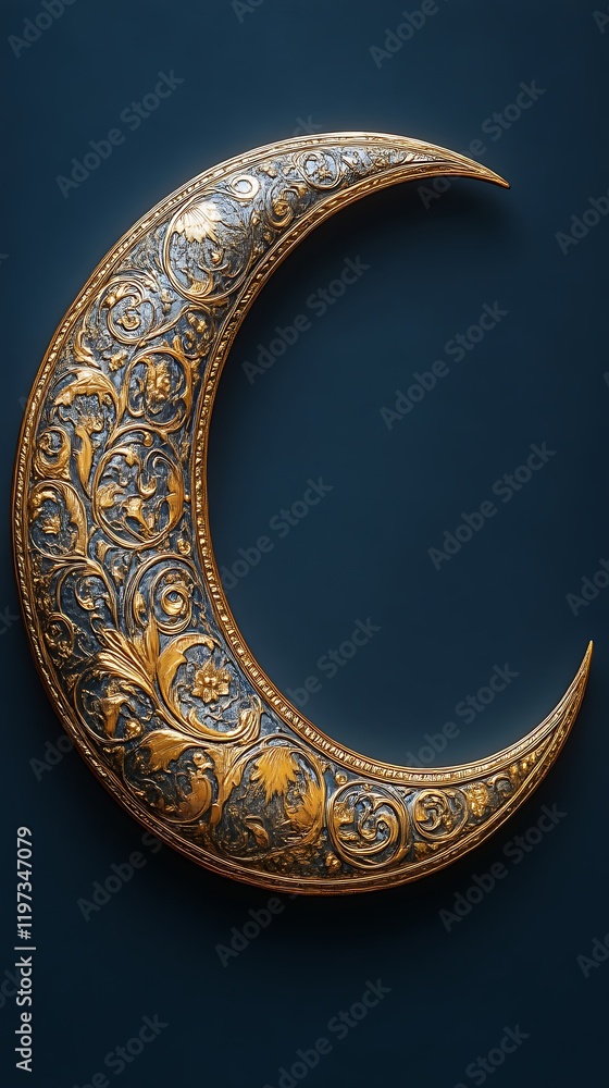 Ornate gold crescent moon, dark background. Ornate gold crescent moon, dark background.
