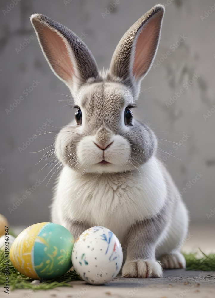 Obraz premium Adorable grey and white bunny with an Easter egg, cute animal, easter egg