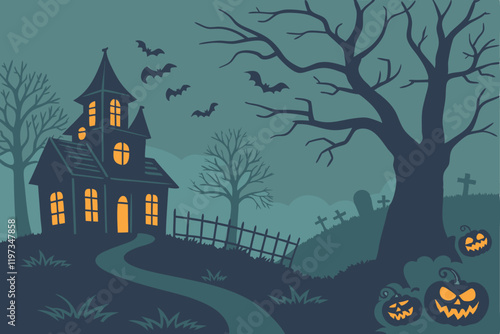 Halloween night, spooky haunted mansion, glowing windows, full moon, eerie sky, jack-o'-lanterns in a row, carved pumpkins, glowing pumpkin faces, misty atmosphere, bare trees, graveyard silhouettes, 