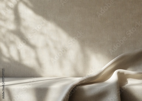 A beige wall with an abstract fabric background for product presentation, a table covered in a gray linen cloth on the right side of the image.