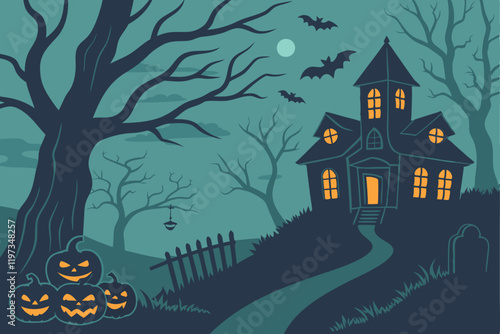 Halloween night, spooky haunted mansion, glowing windows, full moon, eerie sky, jack-o'-lanterns in a row, carved pumpkins, glowing pumpkin faces, misty atmosphere, bare trees, graveyard silhouettes, 