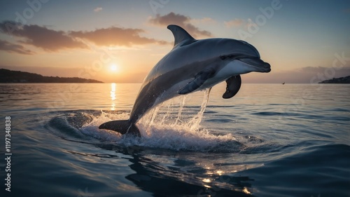 A dolphin leaps gracefully above the water at sunset, showcasing its playful nature. photo