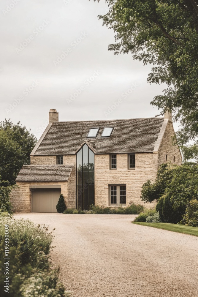 Modern architecture blends with nature in a serene countryside setting featuring a stylish stone house surrounded by greenery Modern architecture blends with nature in a serene countryside setting featuring a stylish stone house surrounded by greenery