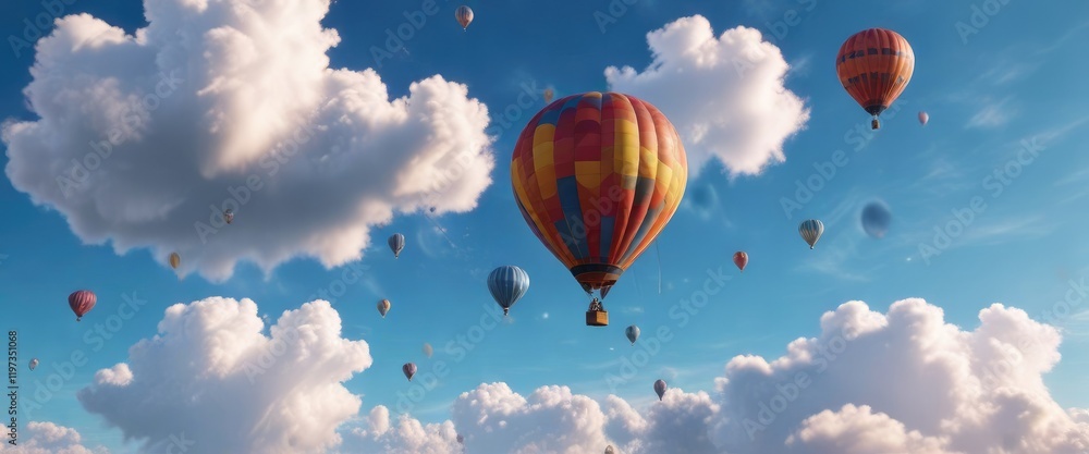 Fototapeta premium Air balloons drifting lazily across a bright blue sky with a few wispy clouds scattered about, wispy clouds, peaceful atmosphere, serene scene