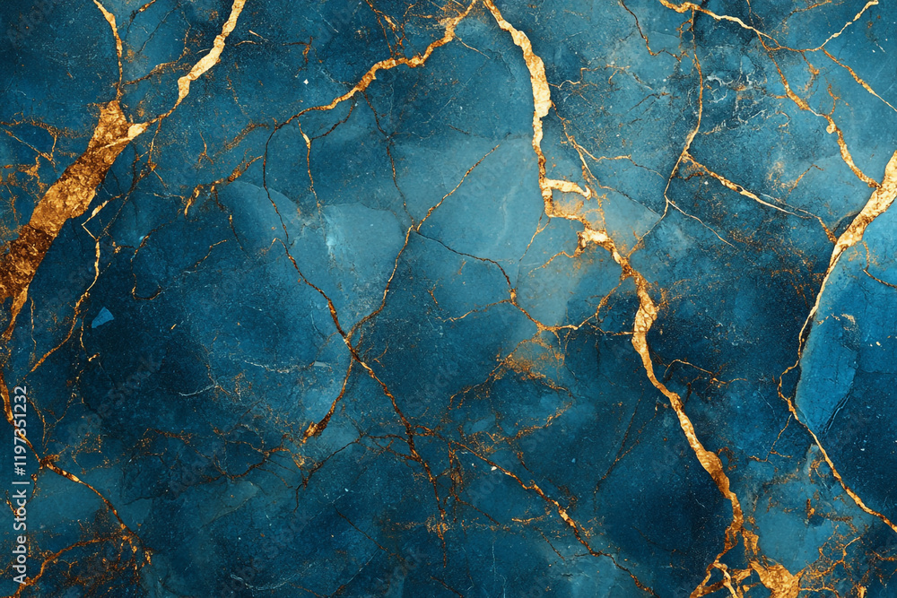 Fototapeta premium Abstract blue marble background with golden cracks, an elegant and luxurious style.