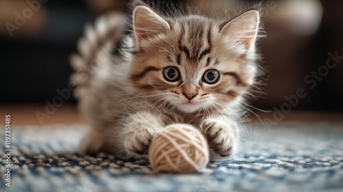 Playful kitten exploring a ball of yarn on a soft rug indoors