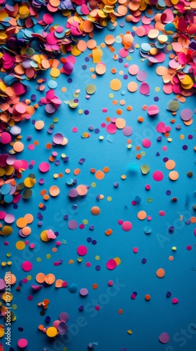 Colorful confetti scattered on a vibrant blue background creating a festive a...