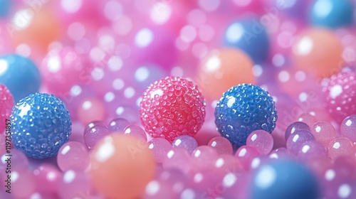 Colorful water beads in pink and blue arranged closely, showcasing texture an...