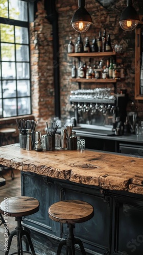 Rustic wooden bar with metal stools and a variety of drinks in a cozy establi...